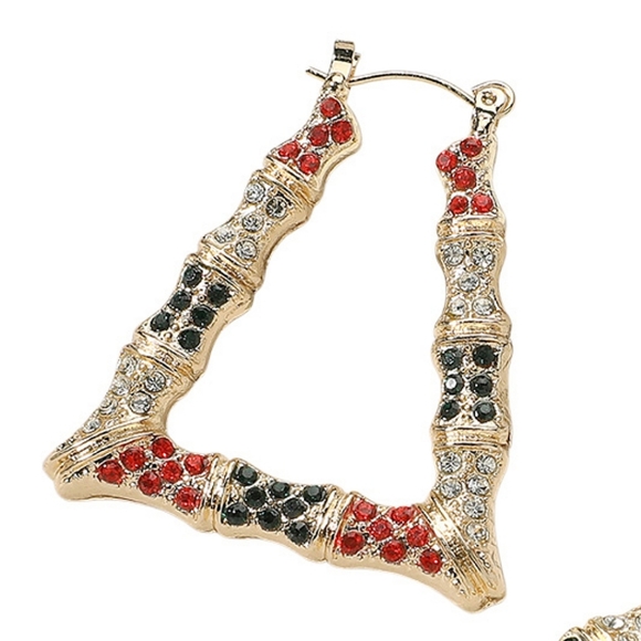 MultiColored Bamboo Door Knocker Earrings Trendy Crystal Rhinestone Hoop Jewelry - Picture 4 of 5